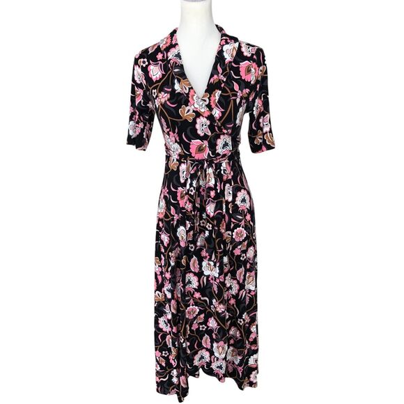Boden Classic Short Sleeve Colorful Office Knit Jersey Floral Midi Wrap Dress 4P - Picture 1 of 11
